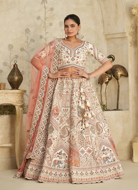 Cream Colour Silk With Embroidery Work Lahenga With Blouse Dupatta Suppliers In India KF 2111